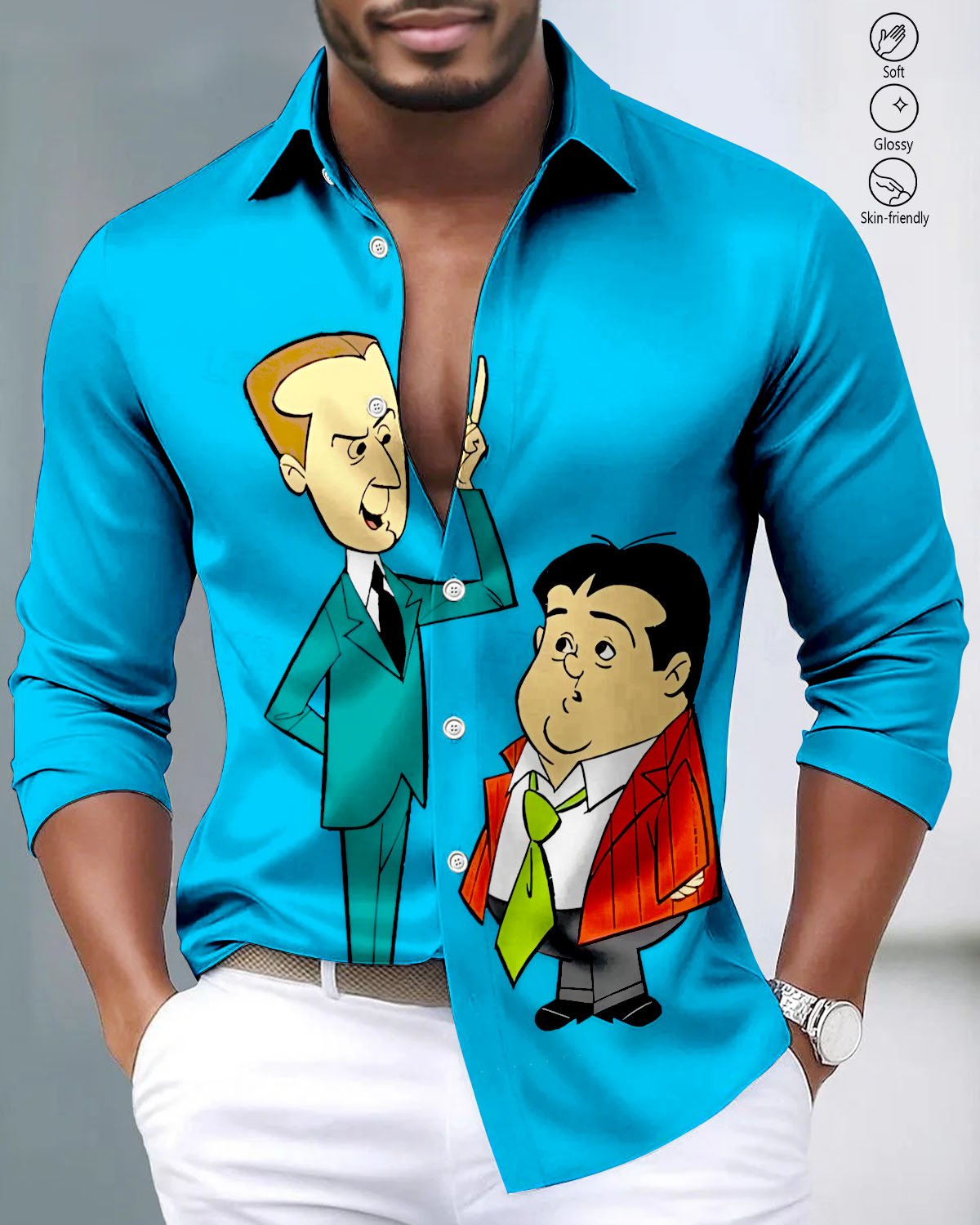 Alohadaddy® Satin Gloss Casual Cartoon Atomic Print Button Stretch Men's Long Sleeve Shirt Big & Tall