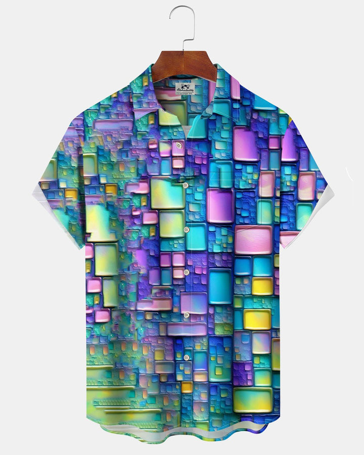 Alohadaddy® Hawaiian Plaid Print Art Button-Down Short-Sleeve Shirt with Pockets for Men Big &amp; Tall