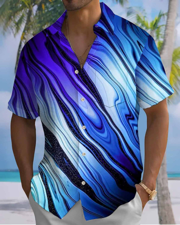 Alohadaddy® Casual Striped Art Print Cardigan with Pockets and Buttons for Men - Short Sleeve Shirt Big &amp; Tall