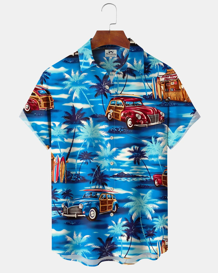 Alohadaddy® Casual Palm Tree Car Print Art Print Button Pocket Cardigan Men&