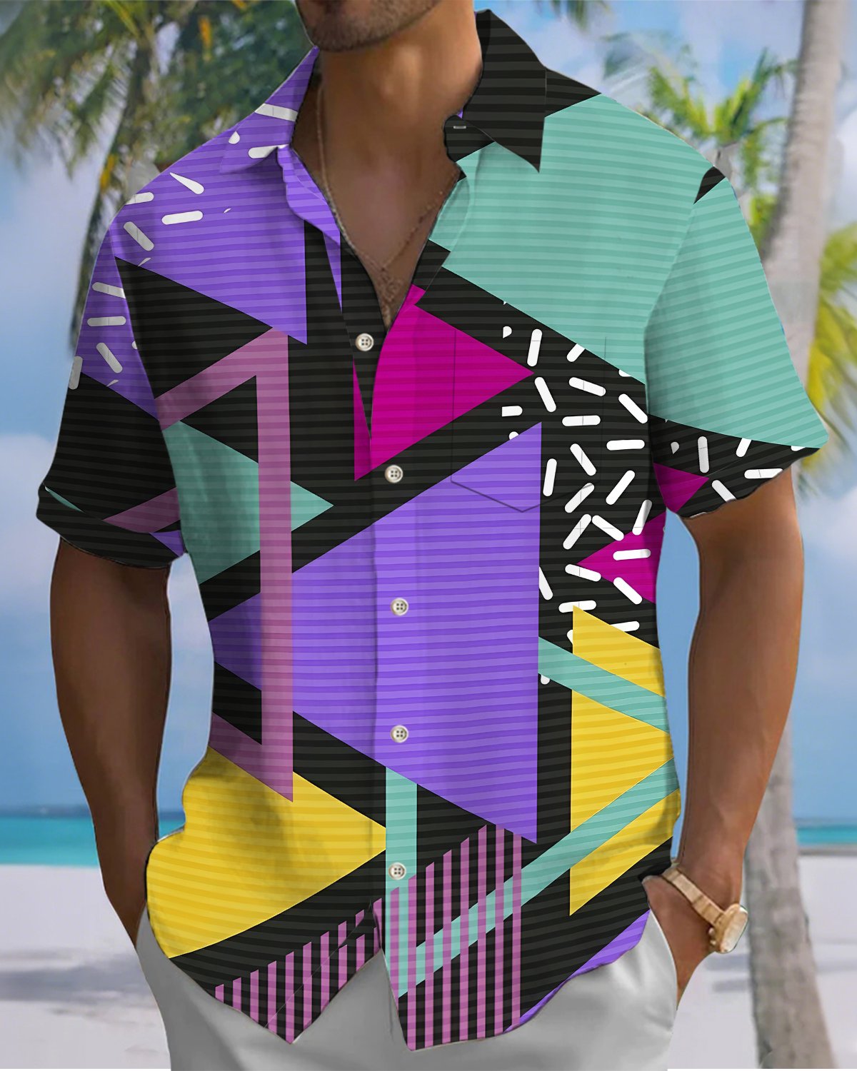 Alohadaddy® Casual Geometric Print Art Button Pocket Cardigan Men's Short Sleeve Shirt Big & Tall