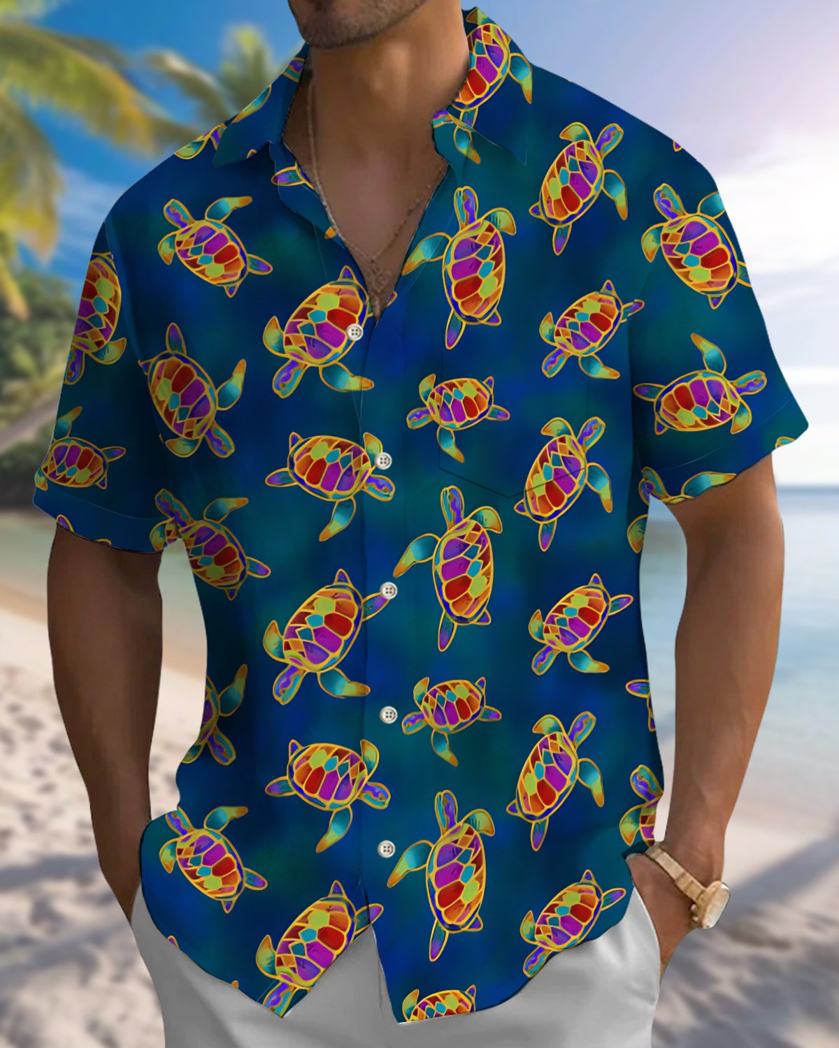 Alohadaddy® Hawaiian Turtle Print Art Button Pocket Cardigan Men's Short Sleeve Shirt Big & Tall