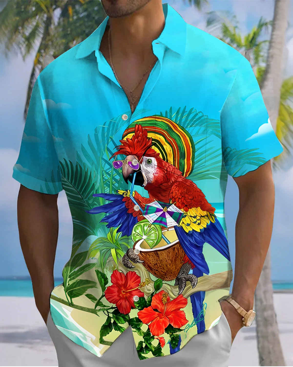 Alohadaddy® Hawaiian Parrot Print Art Button Pocket Cardigan Men's Short Sleeve Shirt Big & Tall