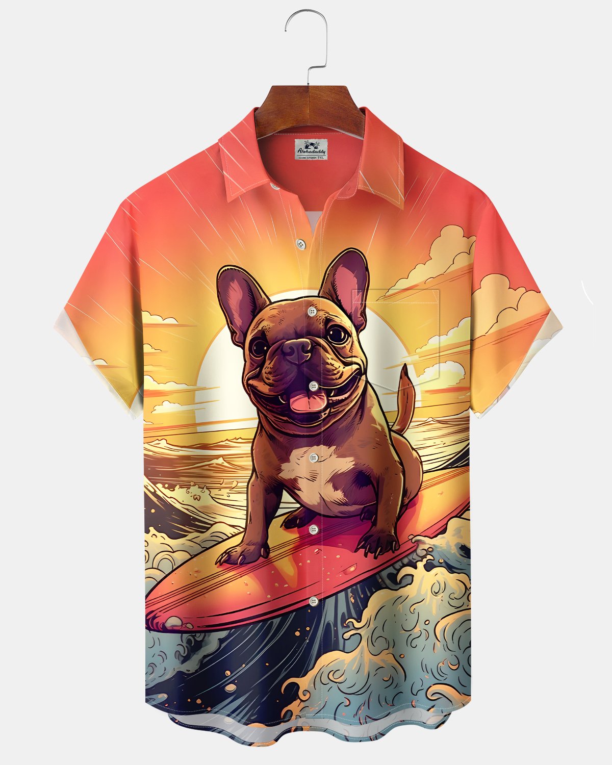 Alohadaddy® Hawaiian French Bulldog Print Art Button Pocket Cardigan Men's Short Sleeve Shirt Big & Tall