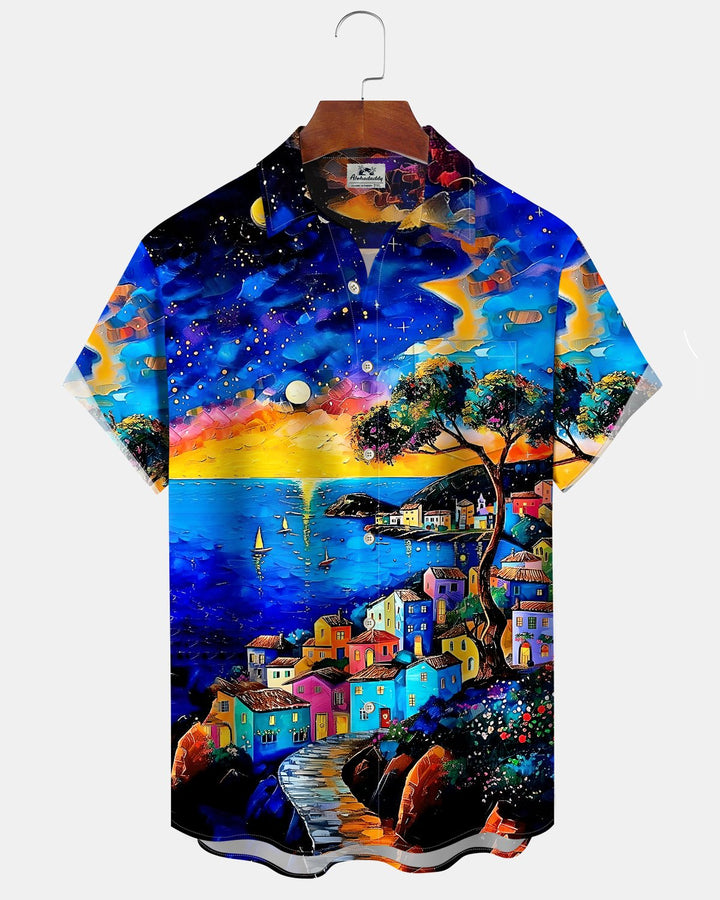 Alohadaddy® Hawaiian Starry Sky Print Art Button Pocket Cardigan Men&