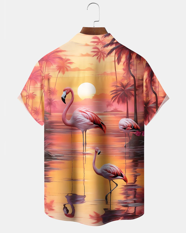 Alohadaddy® Hawaiian Flamingo Print Art Button Pocket Cardigan Men&