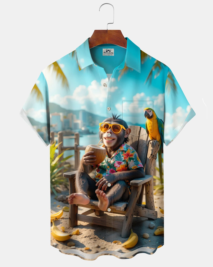 Alohadaddy® Hawaiian Monkey Print Art Button Cardigan with Pockets for Men&