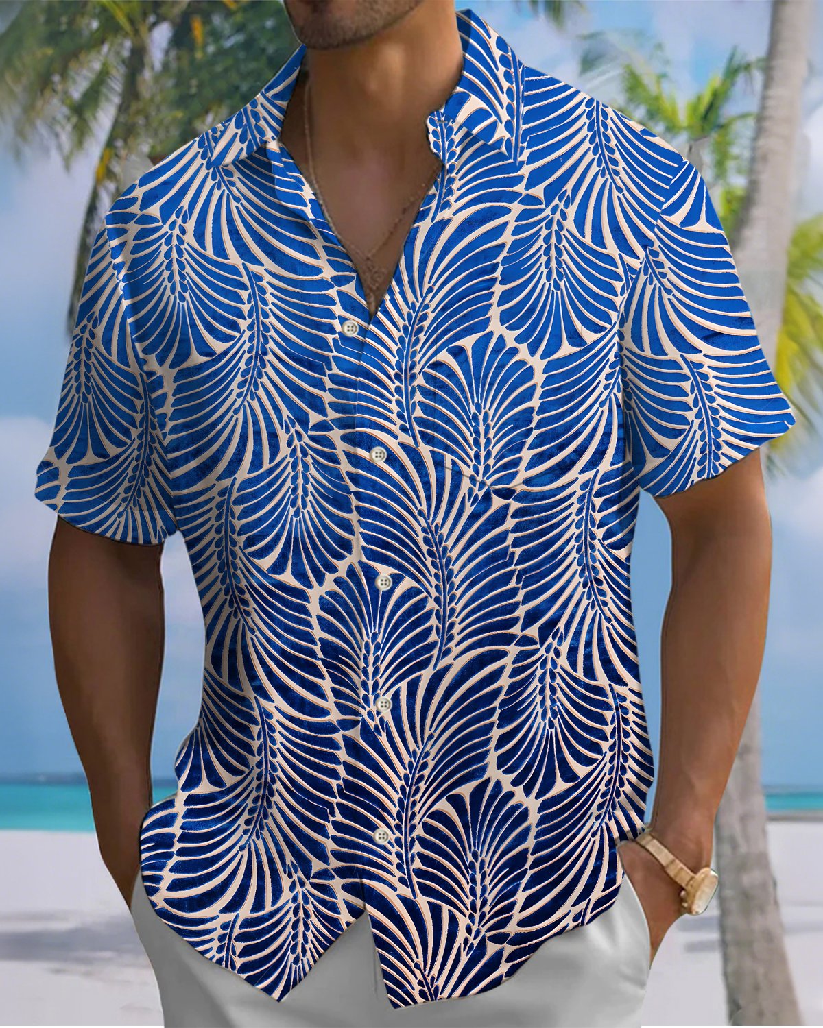 Alohadaddy® Casual Wheat Ear Print Art Button Pocket Cardigan Men's Short Sleeve Shirt