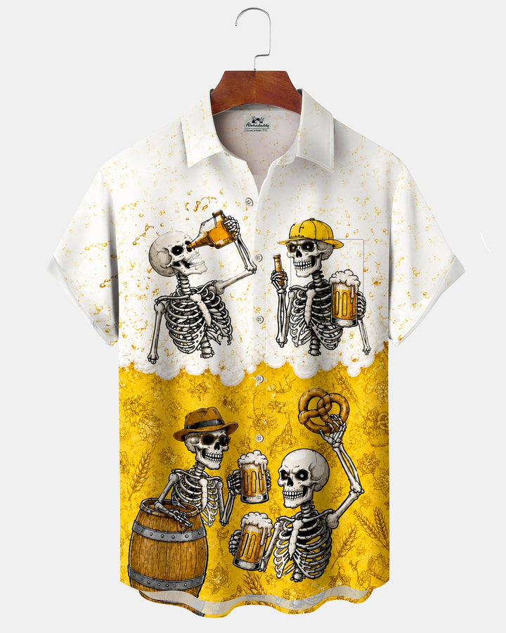 Alohadaddy® Holiday Beer Halloween Print Button-Down Pocket Short-Sleeve Shirt for Men