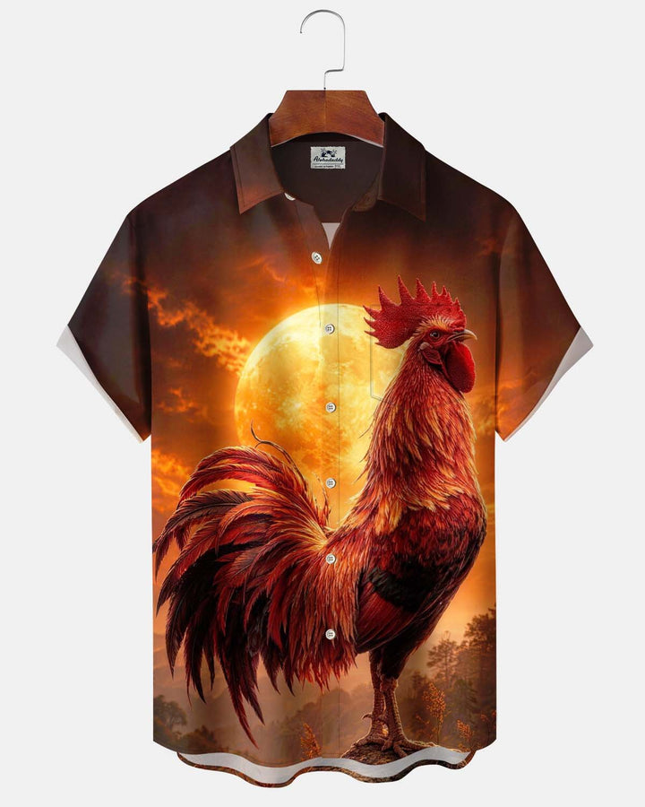 Alohadaddy® Men’s Short-Sleeve Button-Down Shirt with Vintage Rooster Print and Pocket