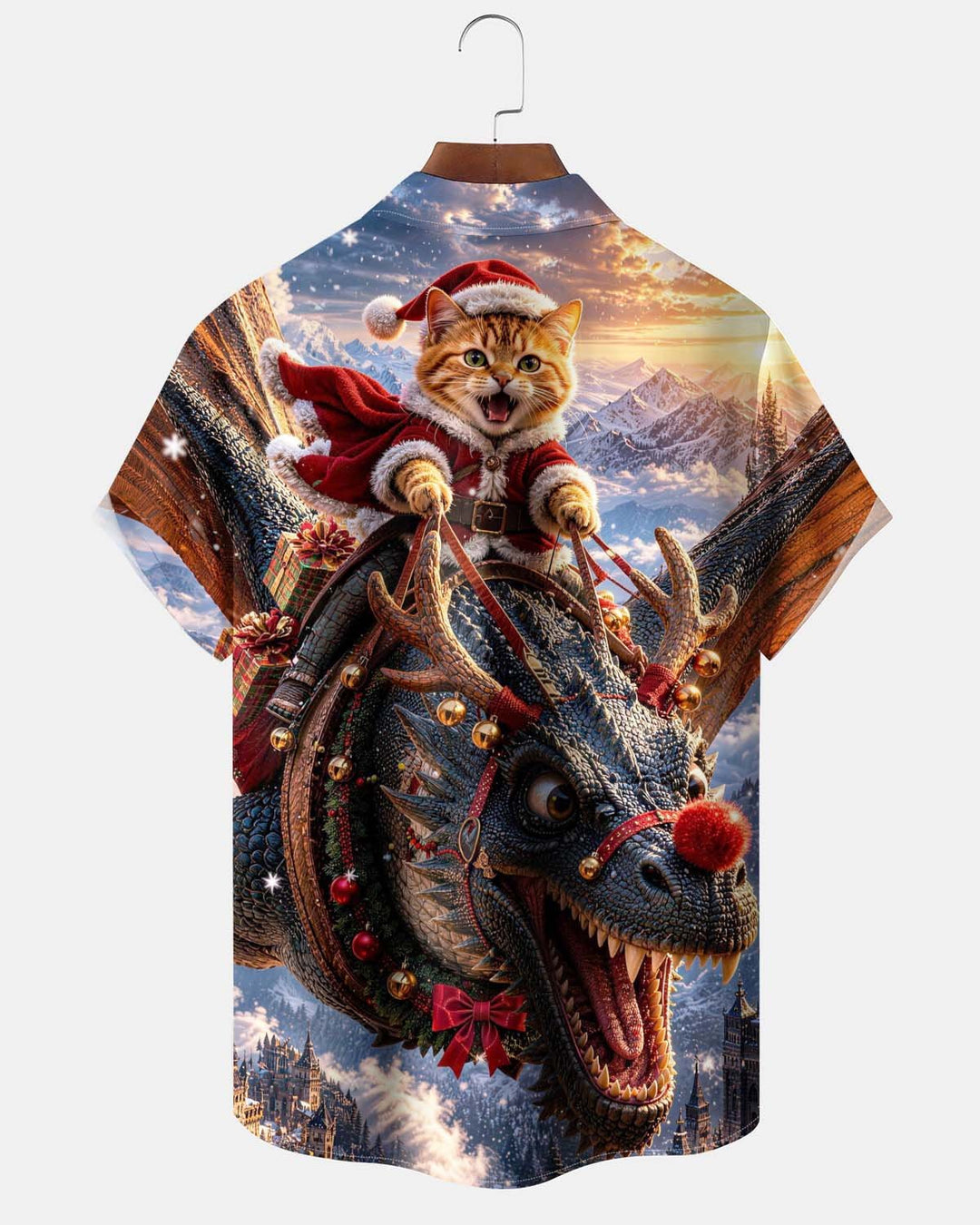 Alohadaddy® Holiday/Christmas Cat-Dragon Print Button-Down Short-Sleeve Men’s Cardigan Shirt with Pocket