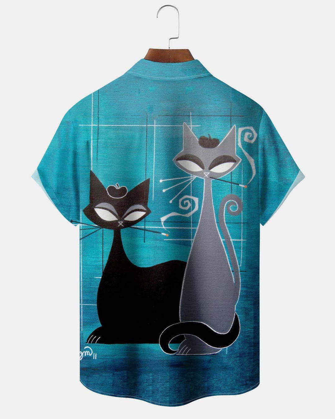 Alohadaddy® Vintage Atomic Cat Print Button-Down Short-Sleeve Men’s Shirt with Pocket