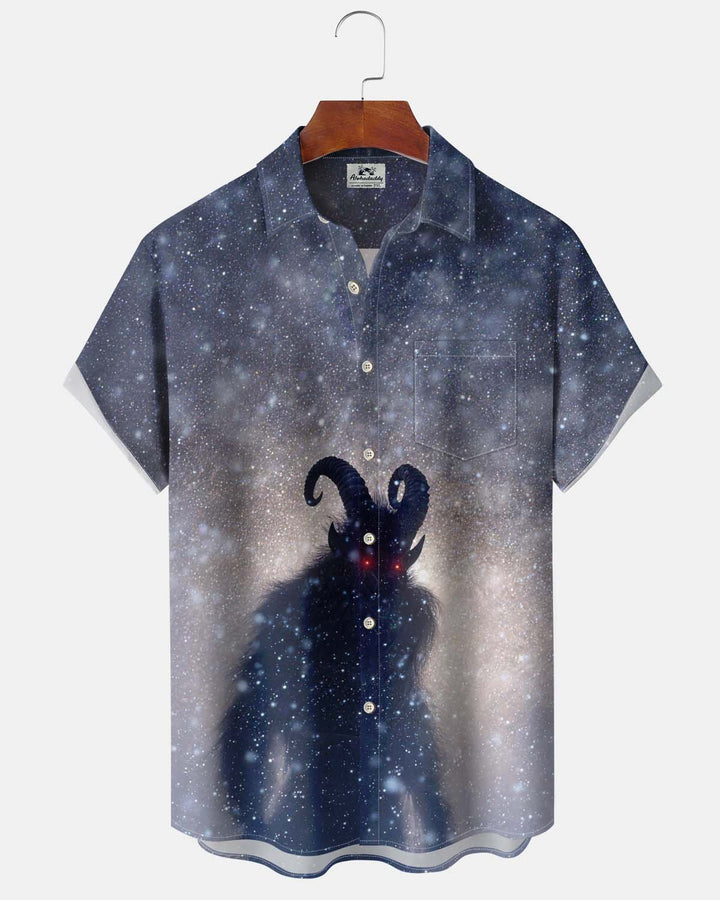 Alohadaddy® Men’s Short-Sleeve Button-Down Cardigan Shirt Vintage-Style Dark Goat Graphic Print with Pocket