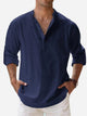 Alohadaddy Vintage Casual Basic Cotton Linen Long Sleeve Band Collar Shirts Breathable Comfortable Camp Shirts