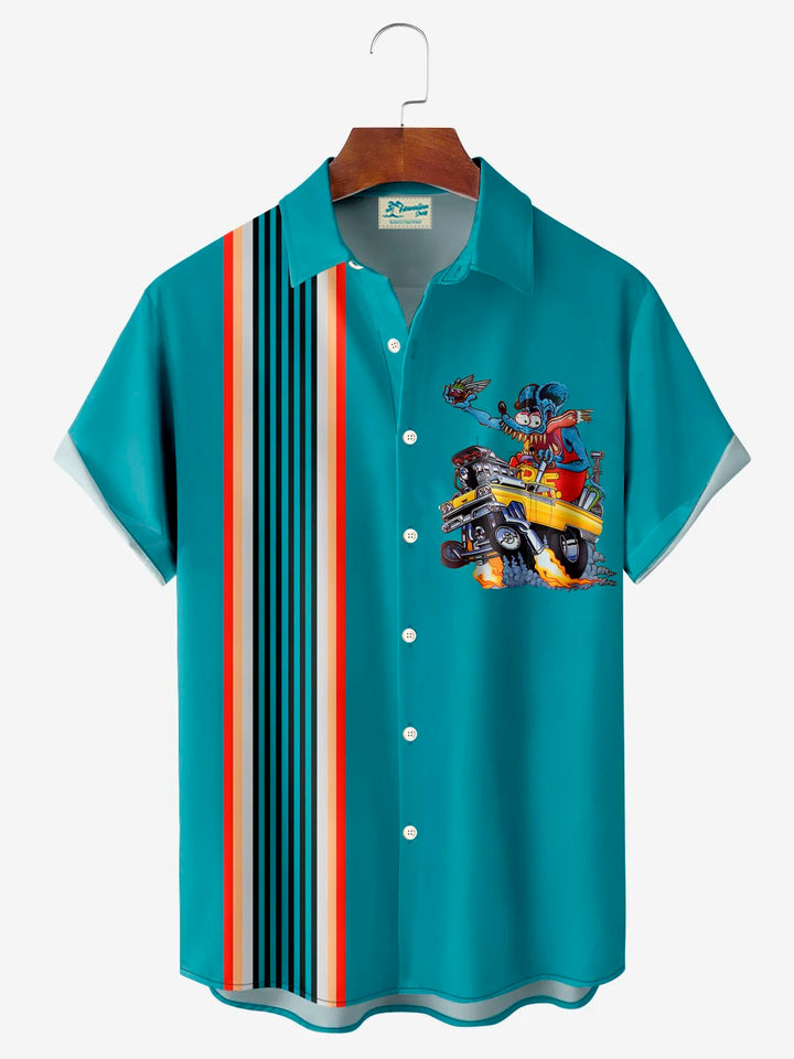 Camisa de manga corta con bolsillo y botones para hombre, con estampado digital 3D de dibujos animados de bolos retro de Alohadaddy, talla grande y alta