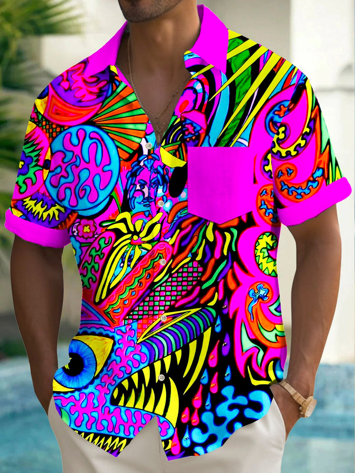 Alohadaddy Vintage Abstract Art Texture Print Chest Pocket Shirt Plus Size Men&