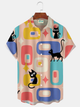 Alohadaddy® Retro 1950s Mid-century Atomic Age Cat Geometric Graphic Print Men's Button Pocket Short Sleeve Shirt Big & Tall