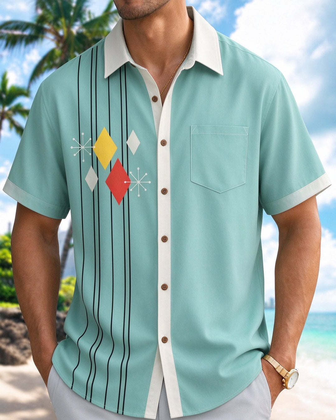 Alohadaddy® Retro Geometric Striped Bowling Shirt Print Men&