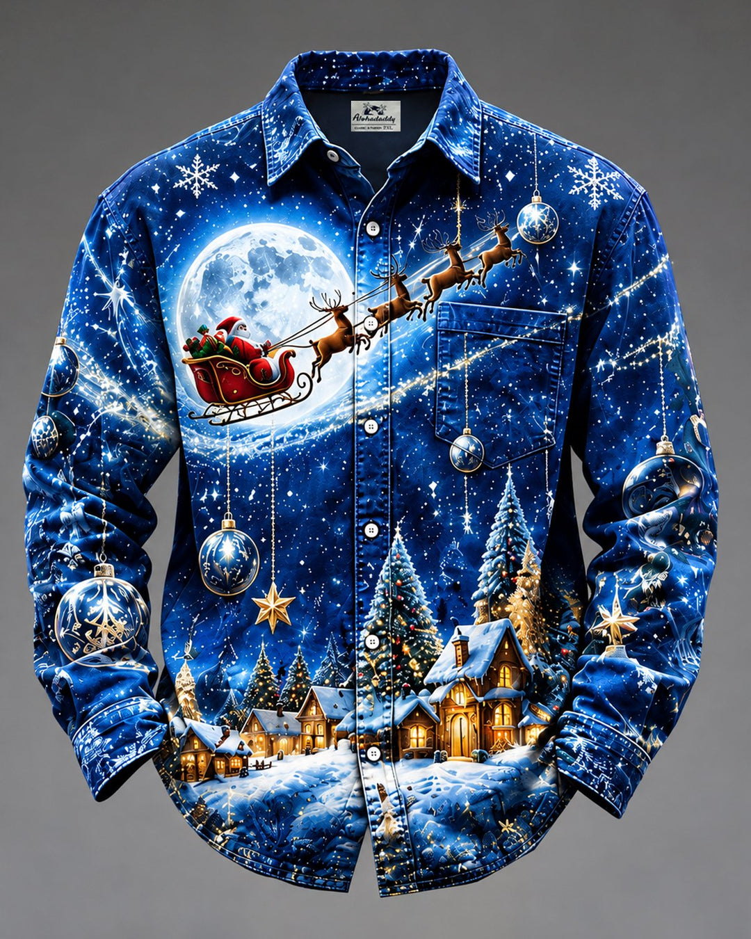 Alohadaddy® Holiday Christmas Santa Sleigh Village Snowflake Print Men&