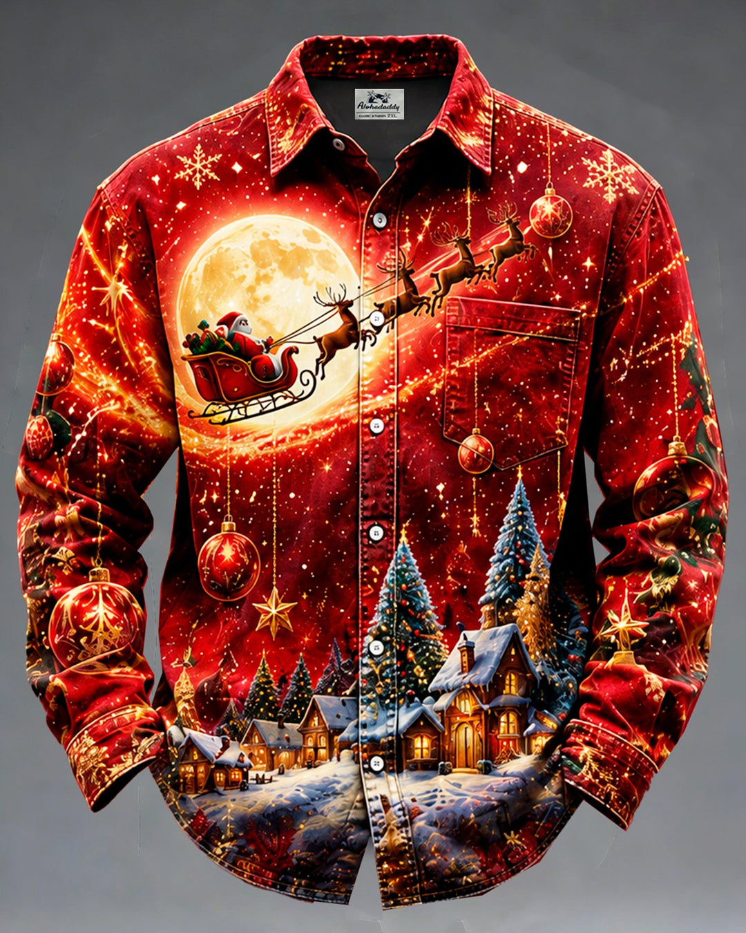 Alohadaddy® Holiday Christmas Santa Sleigh Village Snowflake Print Men&