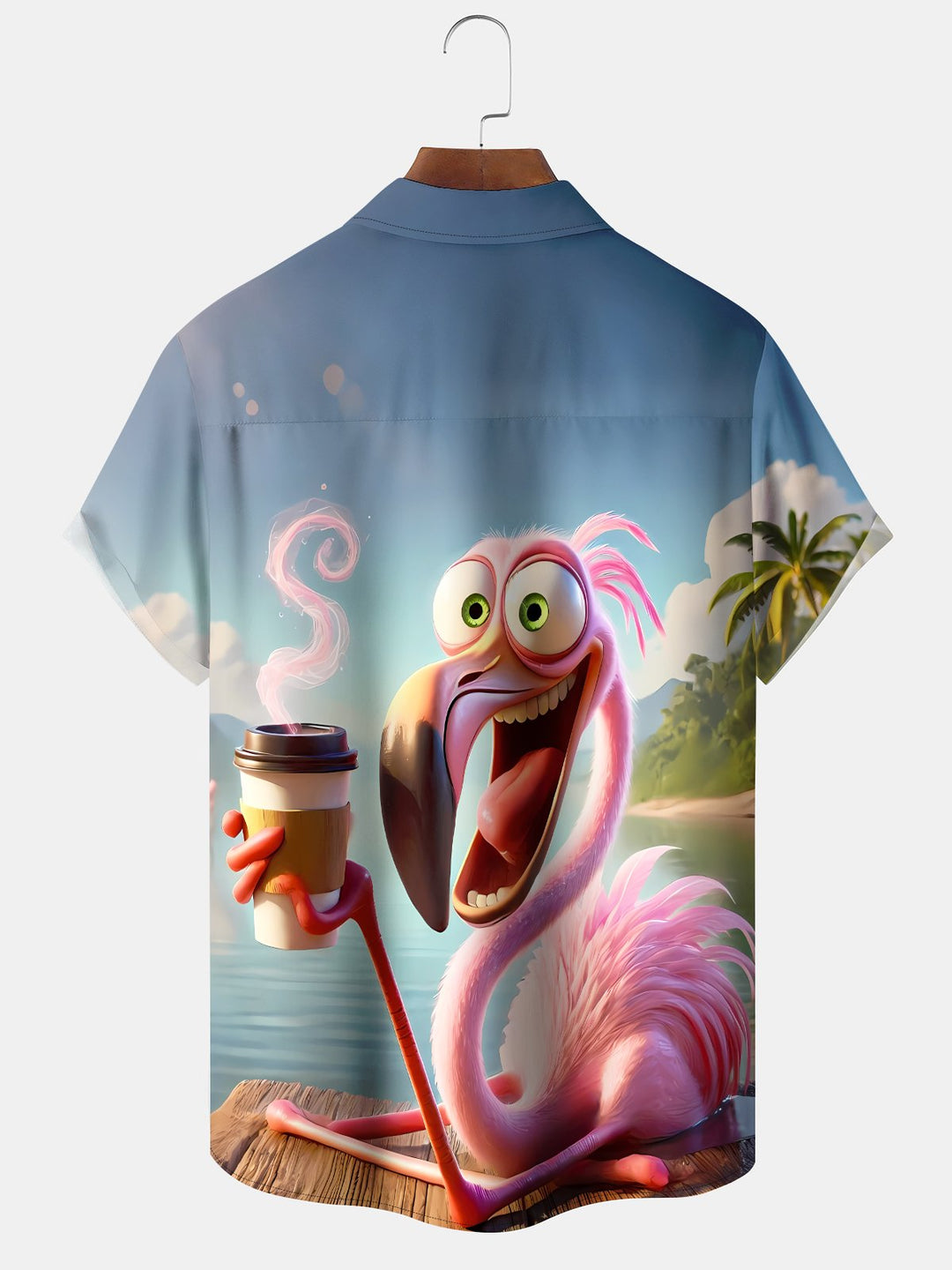 Alohadaddy Hawaii Resort Style Flamingo Drinking Coffee Print Art Button Stretch Large Size Men&