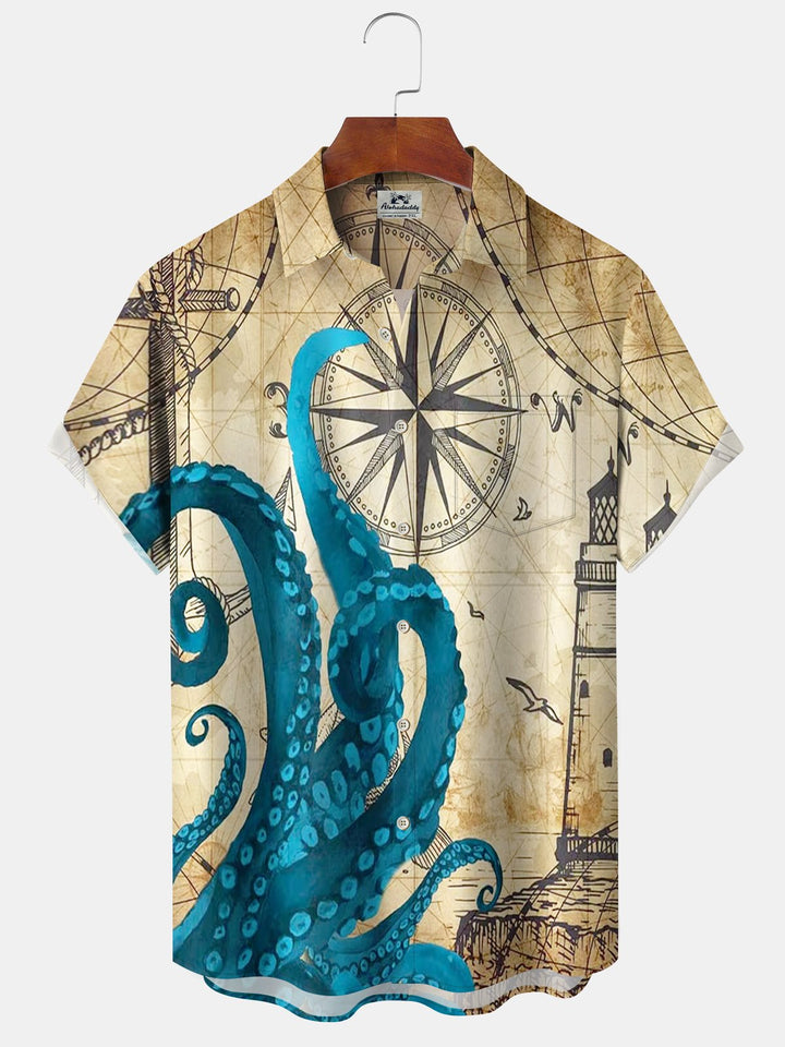 Alohadaddy Hawaii Octopus Contrast Color Map Print Art Pockets Button Elastic Large Size Men&