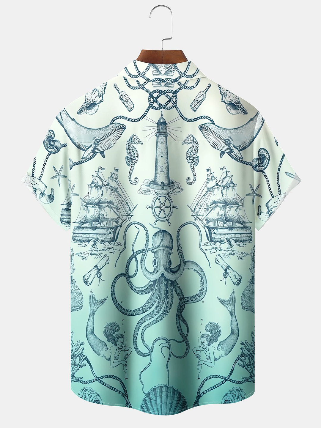 Alohadaddy Hawaiian Gradient Octopus Nautical Pattern Button Pocket Casual Short Sleeve Large Size Stretch Shirt
