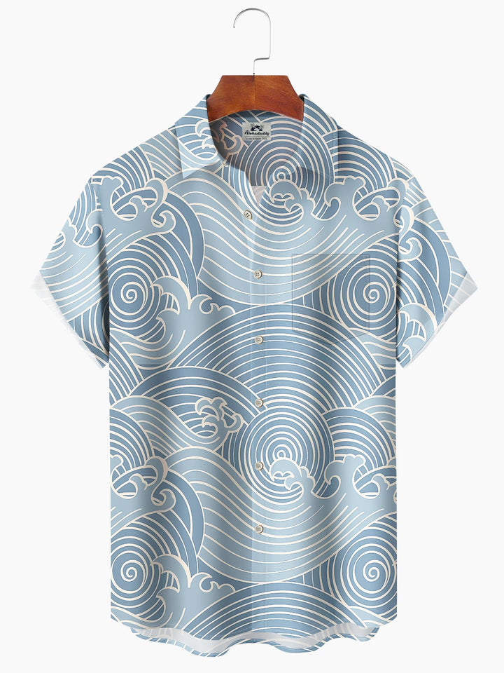 Alohadaddy Retro Ukiyoe Wave Print Art Pocket Buttons Plus Size Stretch Shirt
