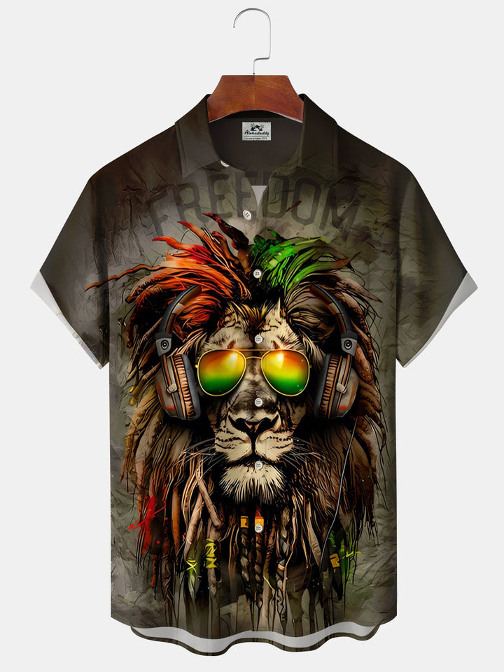 Alohadaddy Vintage Style Lion Art Print Pocket Button Elastic Oversized Shirt