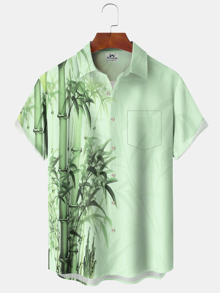 Alohadaddy Casual Bamboo Contrast Bamboo Leaves Print Art Pockets Buttons Elastic Oversized Shirt