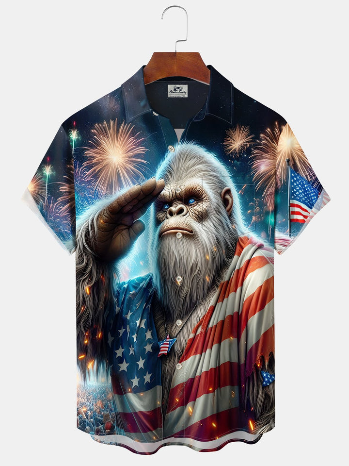 Alohadaddy Holiday Collection Independence Day Bigfoot American Flag Print Art Button Cardigan Pockets Large Size Long Short Sleeve Polyester Shirt