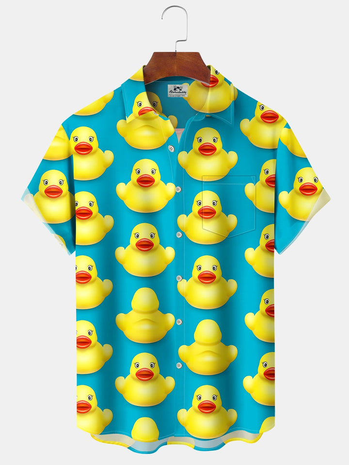 Alohadaddy Hawaiian Yellow Duck Toy Print Art Buttons Cardigan Pockets Stretch Large Size Short Sleeve Shirt