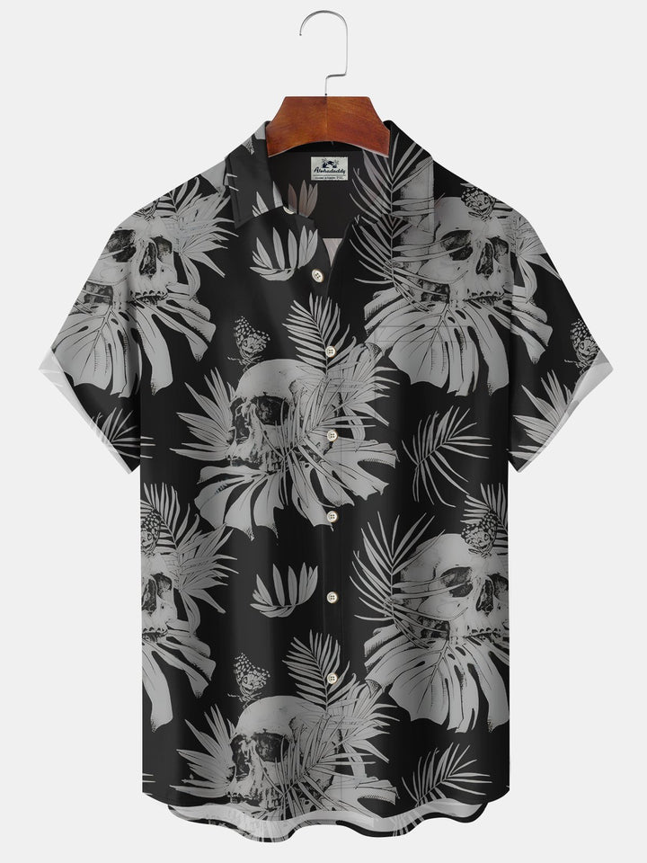 Alohadaddy Hawaii Skull Palm Leaves Painting Art Buttons Cardigan Pockets Stretch Large Size Long Short Sleeve Shirt