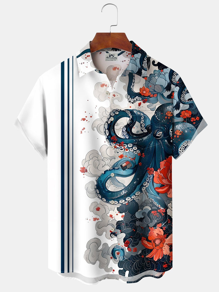 Alohadaddy Casual Collection Ukiyo-e Stripes Contrast Color Print Art Buttons Cardigan Pockets Stretch Long Oversized Shirt