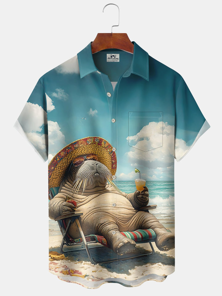 Alohadaddy Hawaiian Vacation Seal Print Art Loose Cardigan Button Pocket Stretch Long Large Size Short Sleeve Shirt
