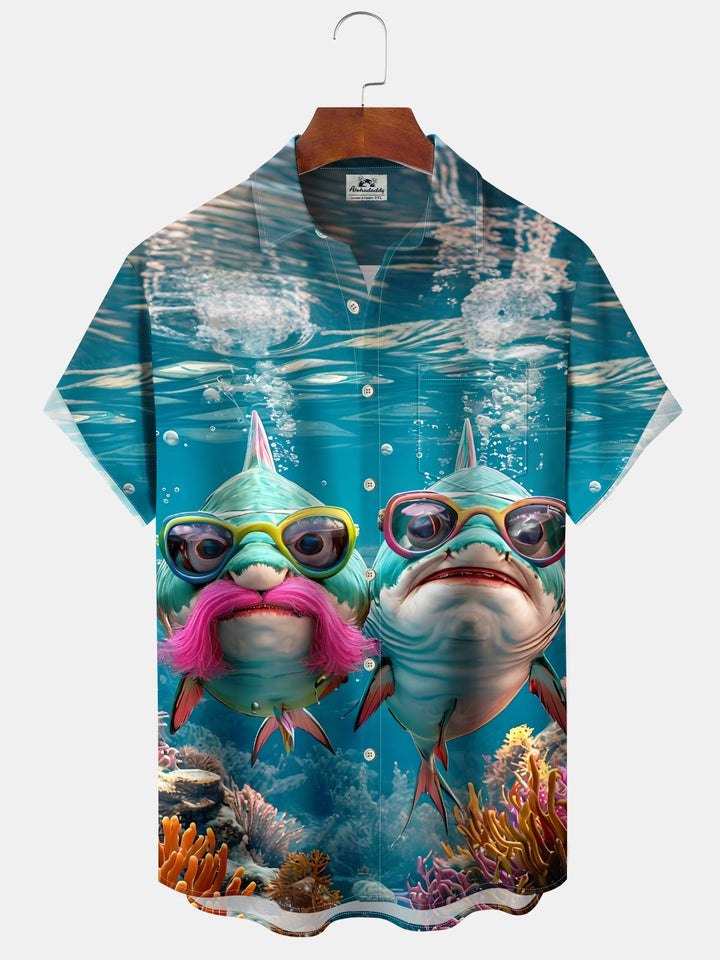 Alohadaddy Casual Collection Hawaiian Shark Print Art Pocket Cardigan Buttons Polyester Stretch Short Sleeve Shirt