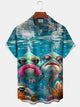 Alohadaddy Casual Collection Hawaiian Shark Print Art Pocket Cardigan Buttons Polyester Stretch Short Sleeve Shirt