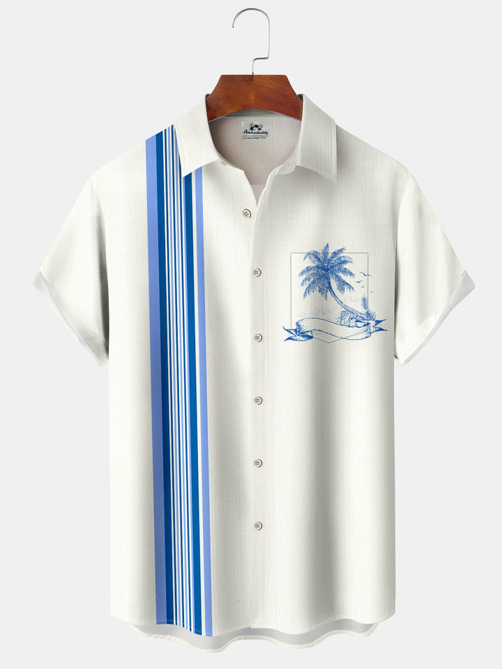 Alohadaddy Hawaiian Vacation Casual Daily Stripes Palm Tree Print Art Button Cardigan Pockets Breathable Soft Long Large Size Short Sleeve Shirt