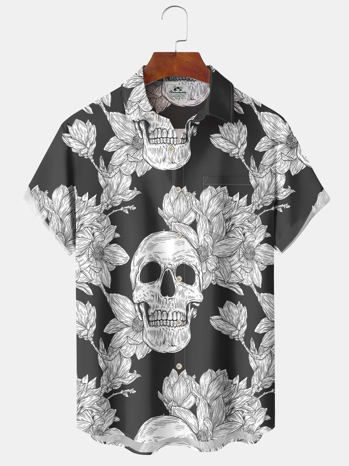 Alohadaddy Hawaiian Casual Skull Palm Leaf Print Art Buttons Pocket Cardigan Stretch Large Size Short Sleeve Shirt