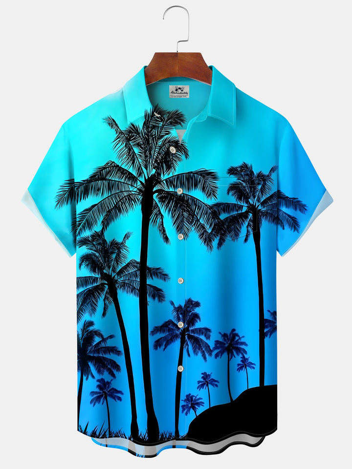 Alohadaddy Hawaiian Vacation Palm Trees Print Art Button Cardigan Pocket Polyester Stretch Large Size Long Short Sleeve Shirt