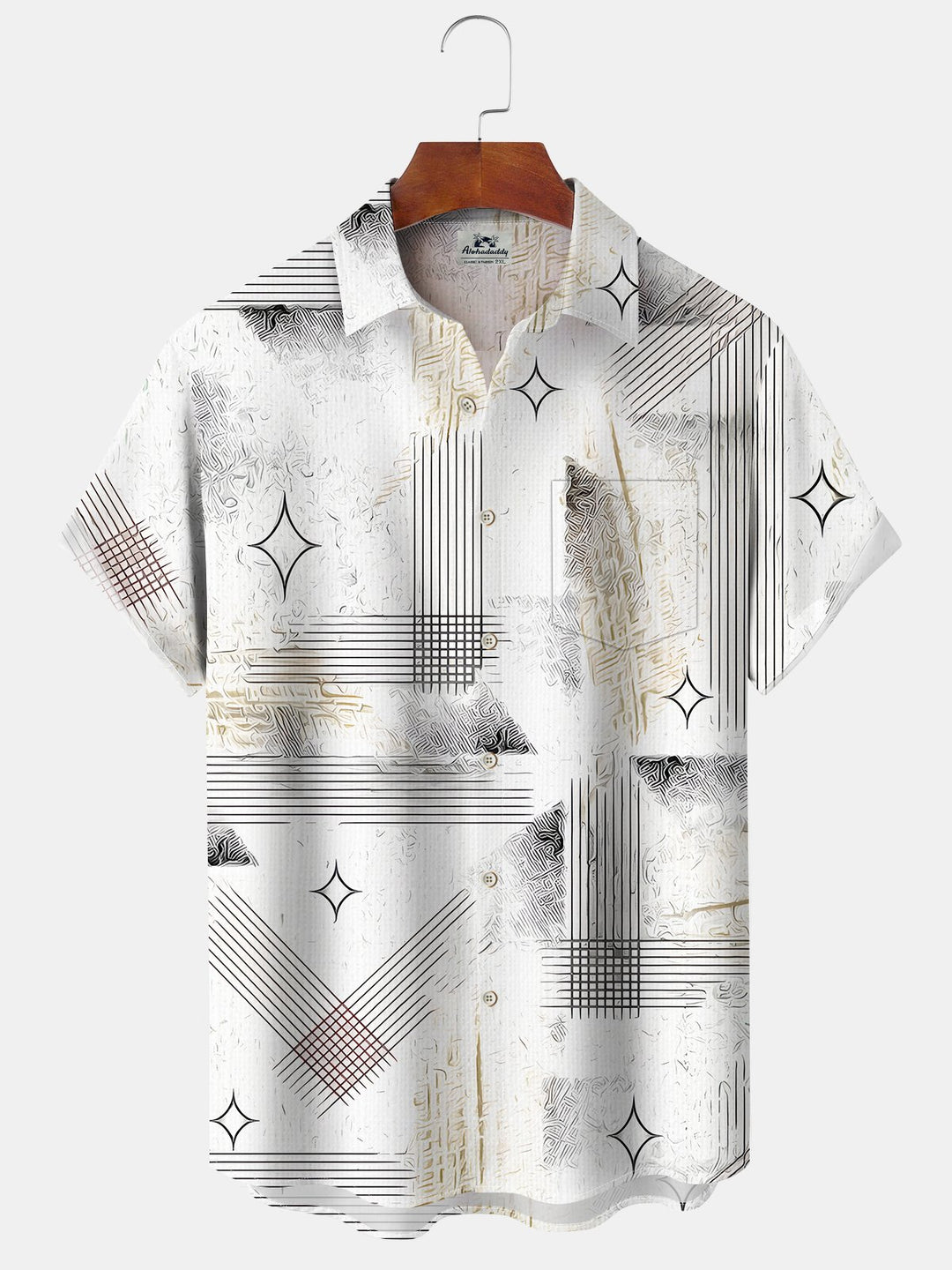 Alohadaddy Casual Stripes Geometric Art Print Polyester Stretch Button Cardigan Pockets Oversized Long Short Sleeve Shirt
