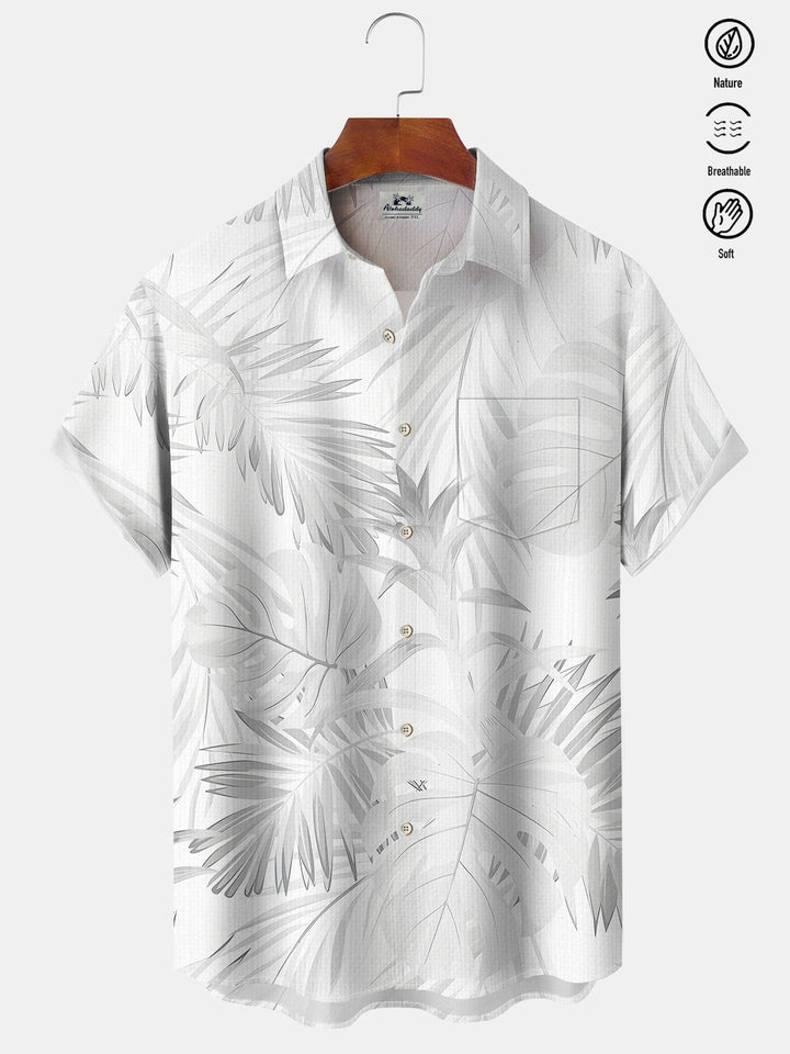 Alohadaddy Casual Palm Leaves Art Print Moisture Wicking Chest Pocket Hawaiian Short Sleeve Shirt