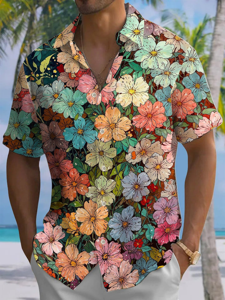 Alohadaddy® Hawaiian Flowers Art Print Chest Pocket Mens Short Sleeve Shirt Big &amp; Tall