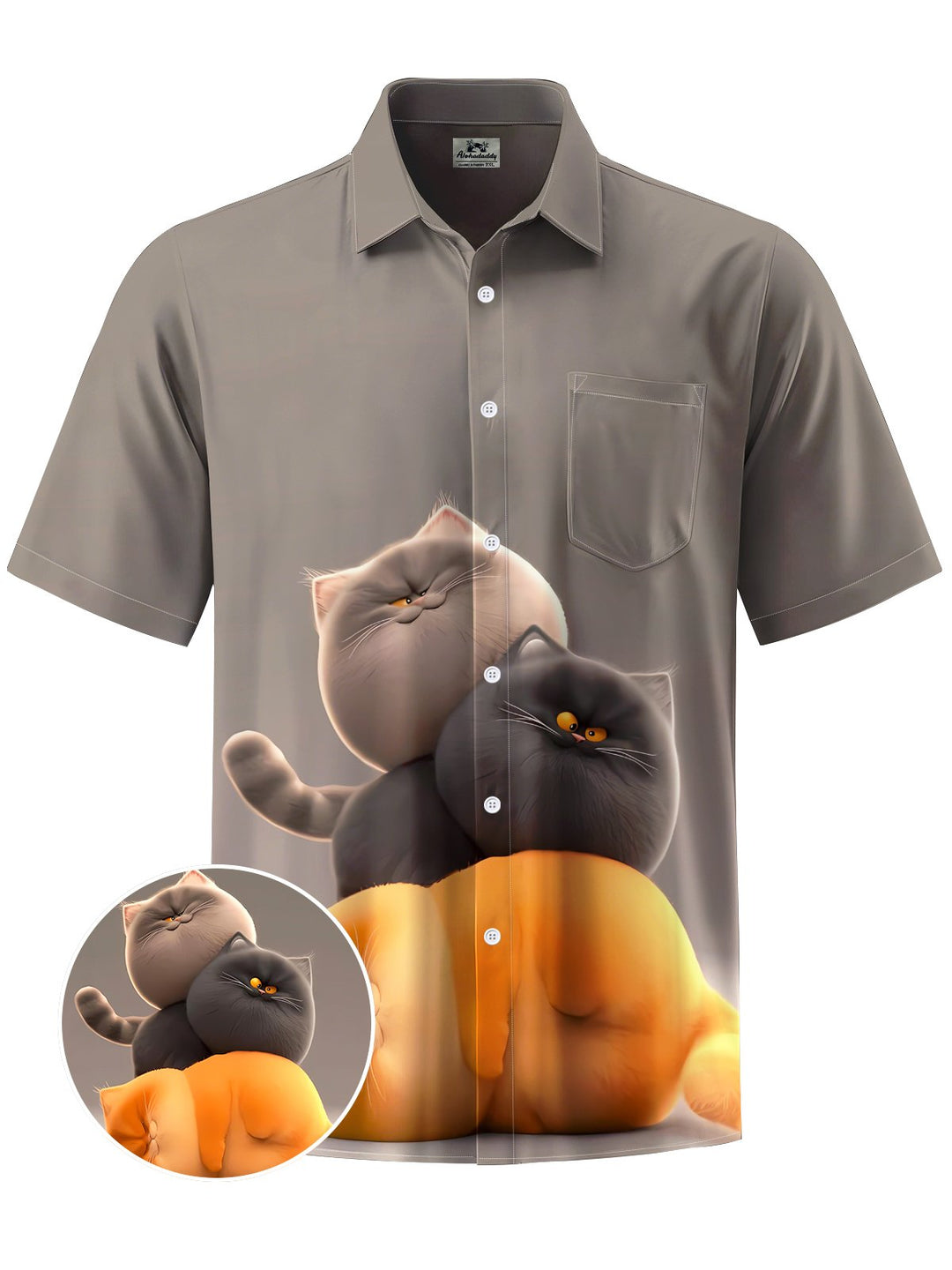 Alohadaddy® Casual Cat Art Print Moisture Wicking Chest Pocket Mens Short Sleeve Shirt Big &amp; Tall