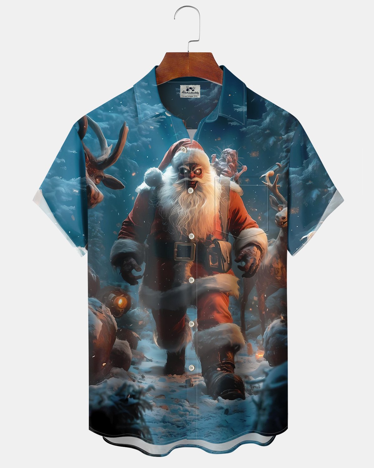 Alohadaddy® Christmas Scary Santa Christmas Tree Print Pocket Elastic Button Men's Short Sleeve Shirt Big & Tall