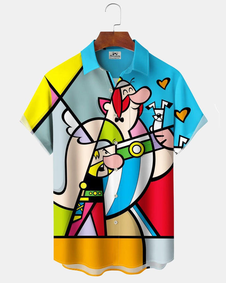 Alohadaddy® Retro Geometric Cartoon Portrait Print Art Pocket Button Men&
