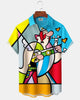 Alohadaddy® Retro Geometric Cartoon Portrait Print Art Pocket Button Men's Short Sleeve Shirt Big & Tall