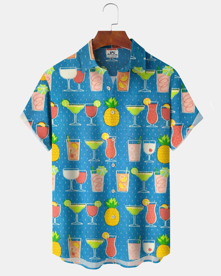 Alohadaddy® Hawaiian Cocktail Print Art Pocket Button Men&