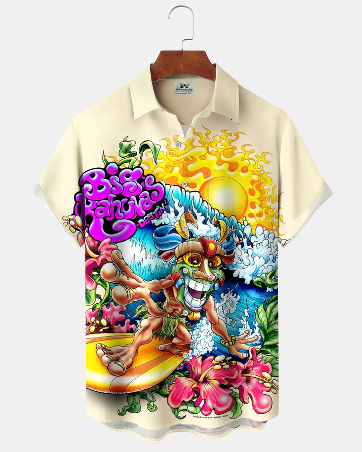 Alohadaddy® Hawaiian Surf Print Art Button Pocket Cardigan Men&