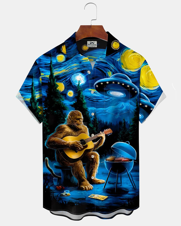 Alohadaddy® Retro Starry Sky Gorilla Music Print Art  Buttons Pockets  Cardigan Men&